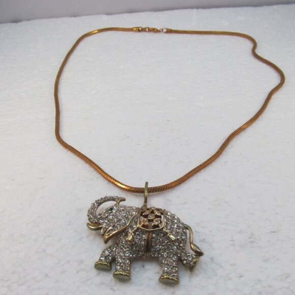 Vintage Rhinestone Good Luck Elephant Combo Brooch Pendant Necklace - Picture 5 of 16